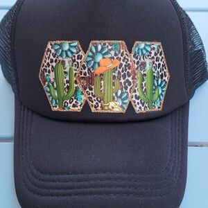 Black Trucker Hat with Teal Cactus Patch